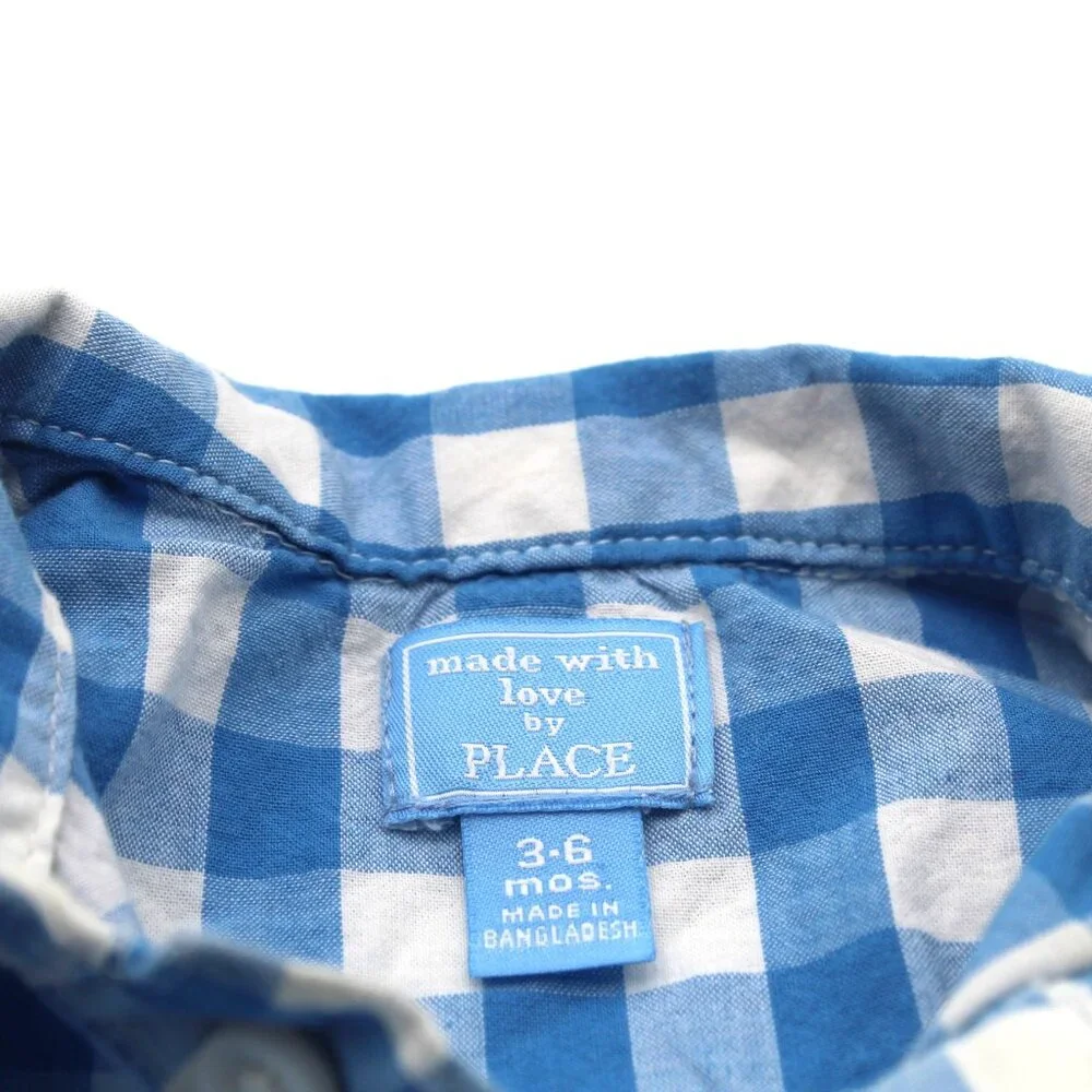 THE CHILDREN'S PLACE Baby Boy's Long Sleeve Blue Plaid Button Down Romper 3-6 M